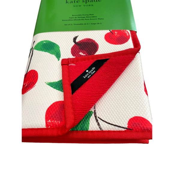 Kate Spade CHERRY Kitchen Dish Drying Mats 2pk Reversible Pink & Red 16x22 New - Picture 7 of 8
